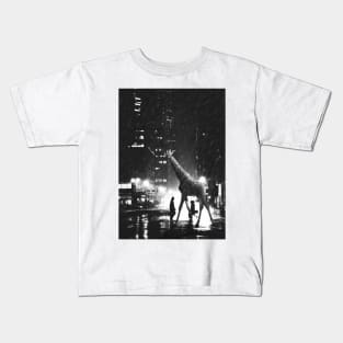 Raining Giraffe Night City Black and White Kids T-Shirt